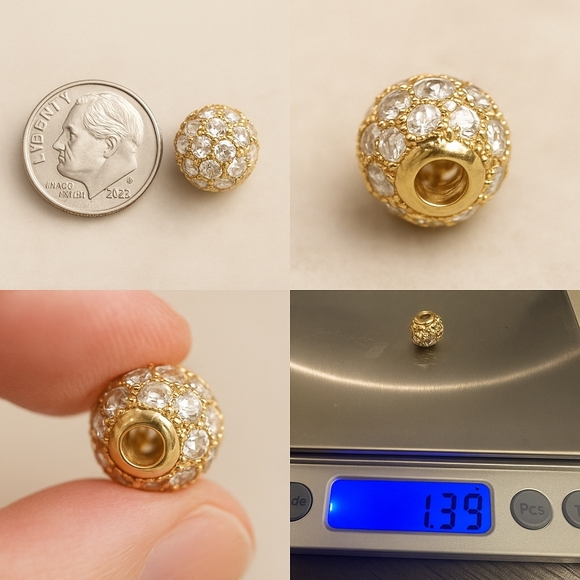 Unique Vintage Jewelry - 💎 Vintage 18KT Yellow Gold Pavé Crystal Spacer Bead – European, 1.39g